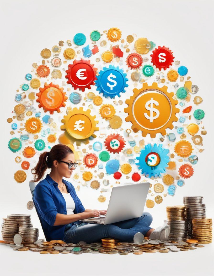 A captivating scene showcasing a person joyfully blogging on a laptop, surrounded by symbols of monetization like dollar signs, lightbulbs, and gears. The background contains a colorful pie chart and stacks of coins to emphasize profitability. The overall atmosphere should radiate creativity and success. super-realistic. vibrant colors. white background.
