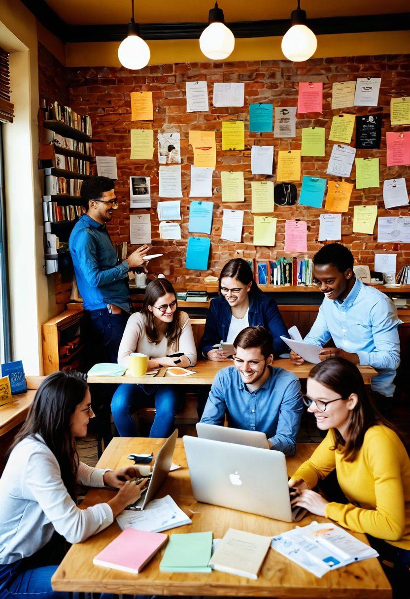 A diverse group of enthusiastic bloggers sharing ideas and resources in a cozy, inviting café setting, surrounded by books and laptops. Incorporate warm lighting and scattered sticky notes filled with tips. Include a bulletin board in the background showcasing community events and achievements. Add elements of digital connectivity like Wi-Fi symbols and social media icons. organic and friendly illustration. vibrant colors.