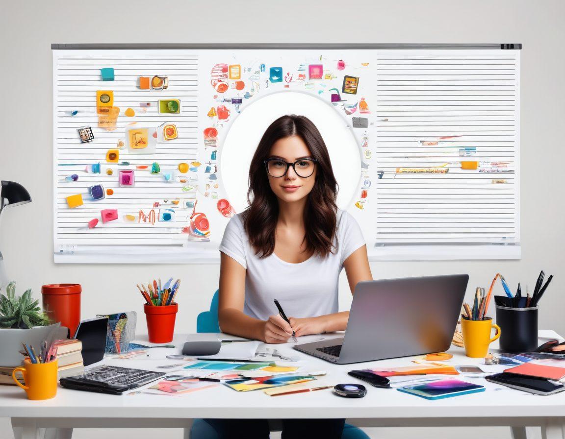 A vibrant digital landscape depicting a blogger at a desk surrounded by essential tools, such as a laptop, camera, notepad, and coffee cup. In the background, colorful icons represent social media platforms and monetization options like ads and affiliate links. The scene is infused with creativity, showing flowing ideas illustrated as bright lines or bubbles connecting the elements. The atmosphere is lively, inviting, and modern. super-realistic. vibrant colors. white background.